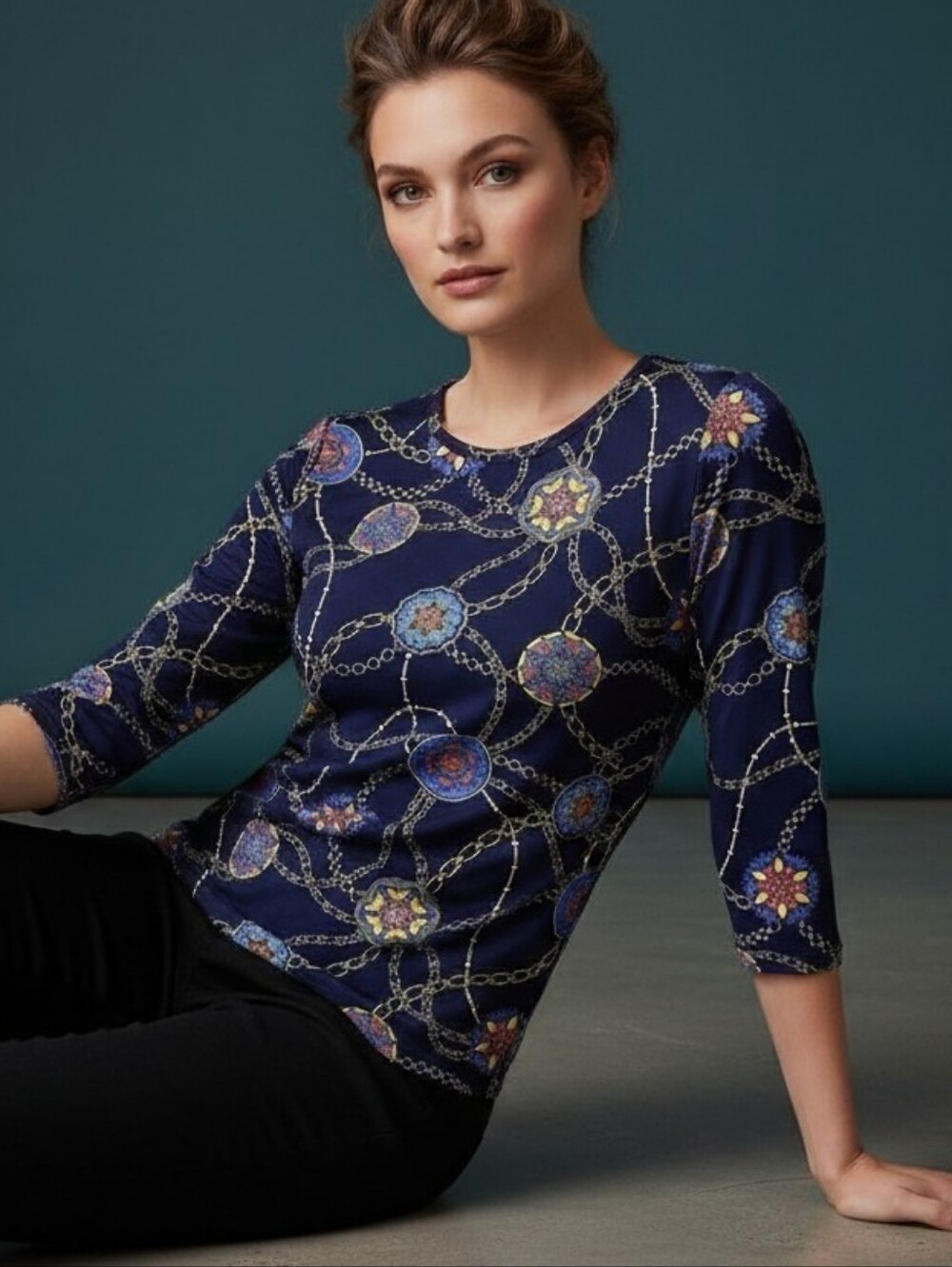 J. McLaughlin Navy Blue Chain Medallion Print 3/4 Sleeve Catalina Cloth Top L